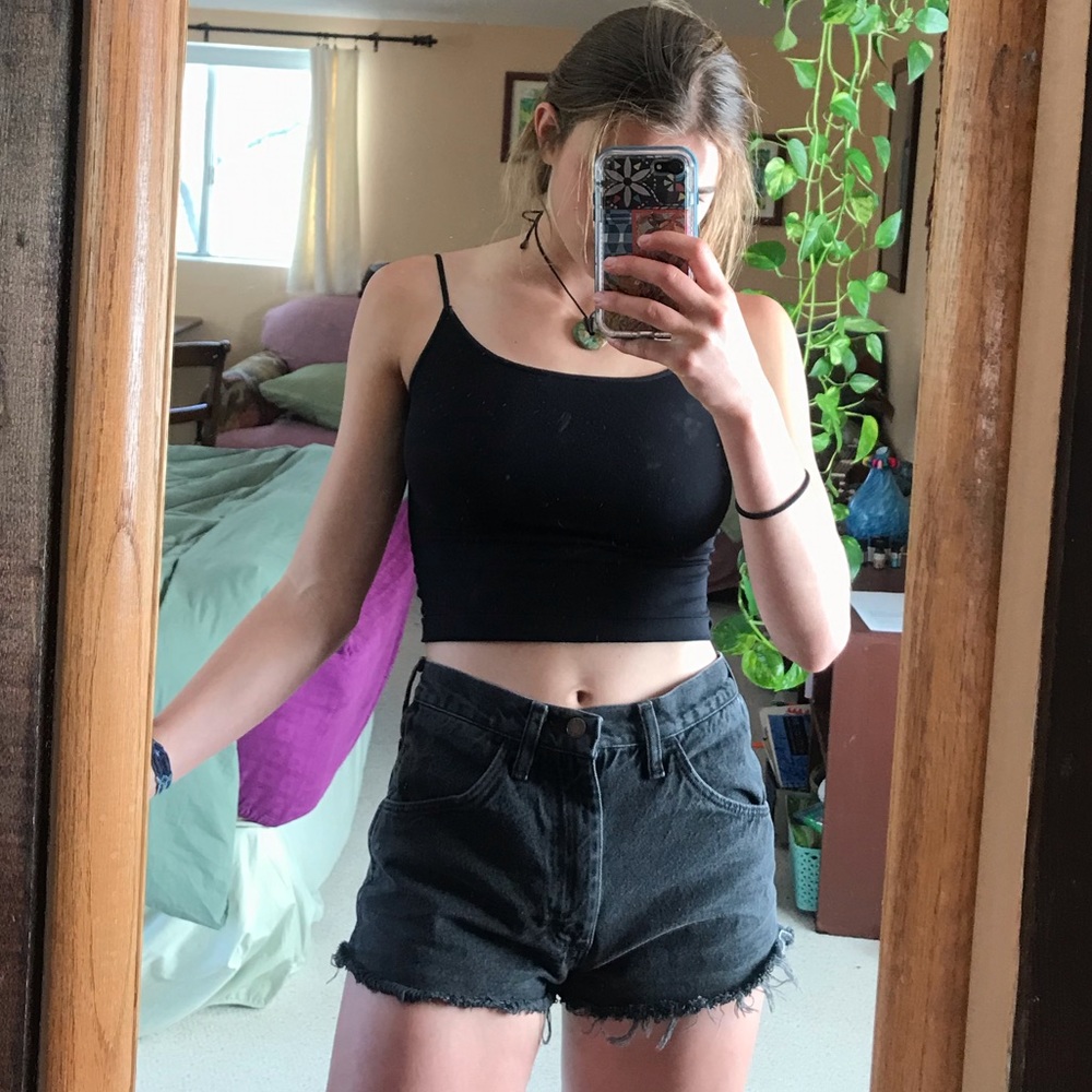 black high rise distress shorts